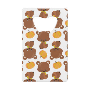 Pattern Of Bears, Cute Bears, Fall, Pumpkins Credit Card Bottle Opener