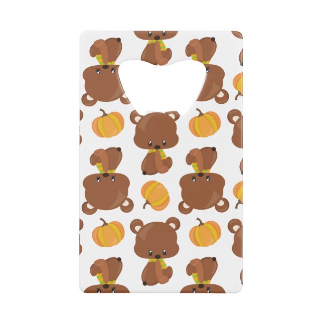 Pattern Of Bears, Cute Bears, Fall, Pumpkins Credit Card Bottle Opener (Front)