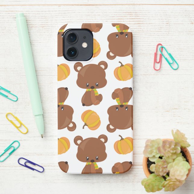 Pattern Of Bears, Cute Bears, Fall, Pumpkins iPhone Case (On Desk)