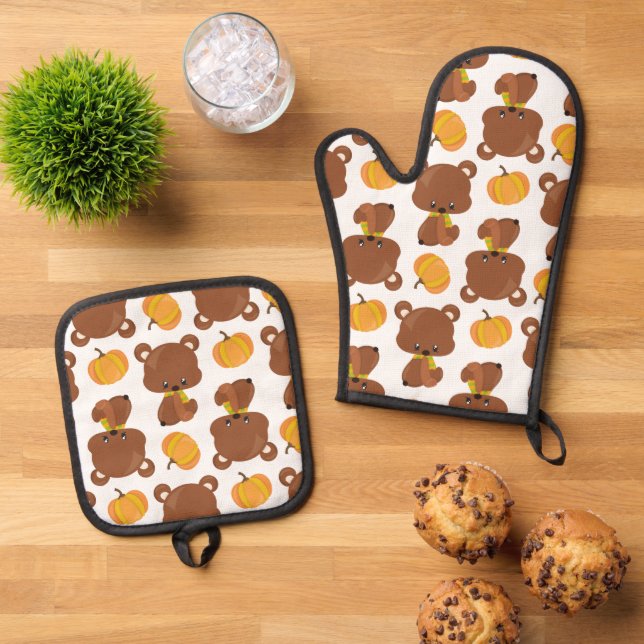 Pattern Of Bears, Cute Bears, Fall, Pumpkins Oven Mitt & Pot Holder Set (Top Down)