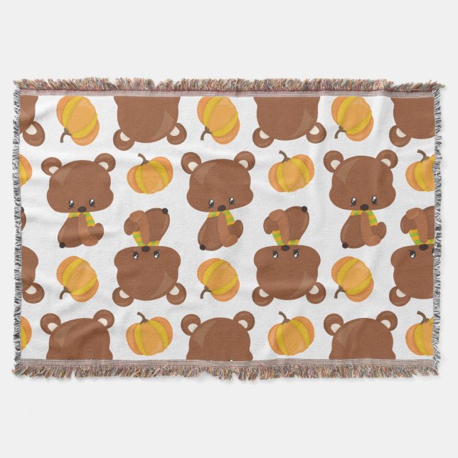 Pattern Of Bears, Cute Bears, Fall, Pumpkins Throw Blanket (Front)