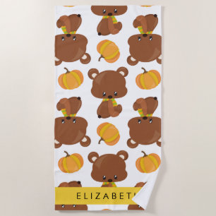 Pattern Of Bears, Cute Bears, Pumpkin, Your Name Beach Towel