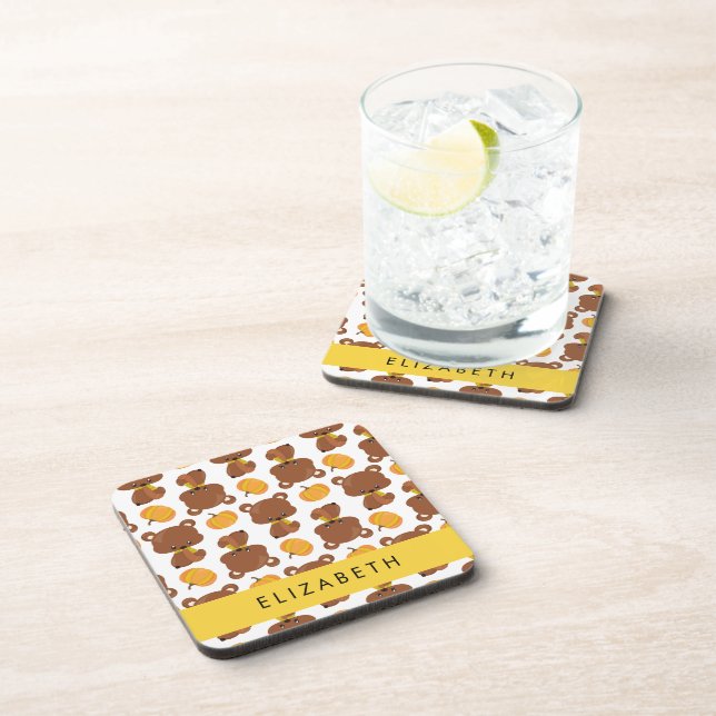 Pattern Of Bears, Cute Bears, Pumpkin, Your Name Coaster (Right Side)