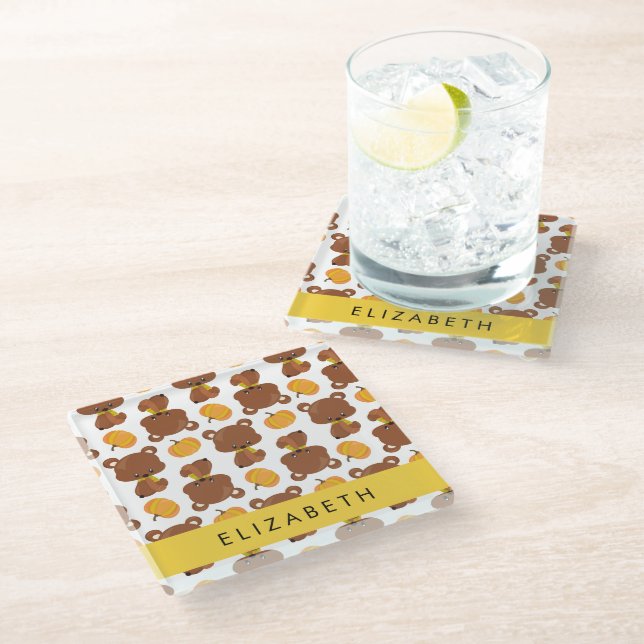 Pattern Of Bears, Cute Bears, Pumpkin, Your Name Glass Coaster (Angled)