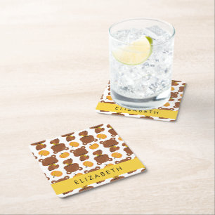 Pattern Of Bears, Cute Bears, Pumpkin, Your Name Square Paper Coaster