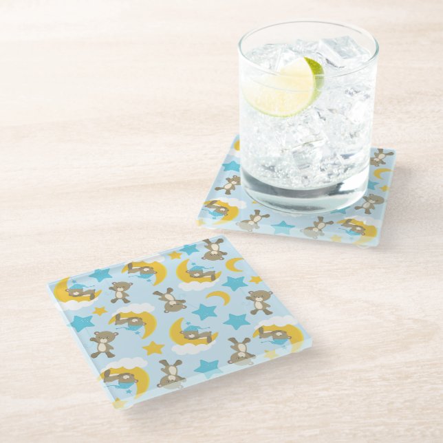 Pattern Of Bears, Cute Bears, Teddy Bears, Stars Glass Coaster (Angled)