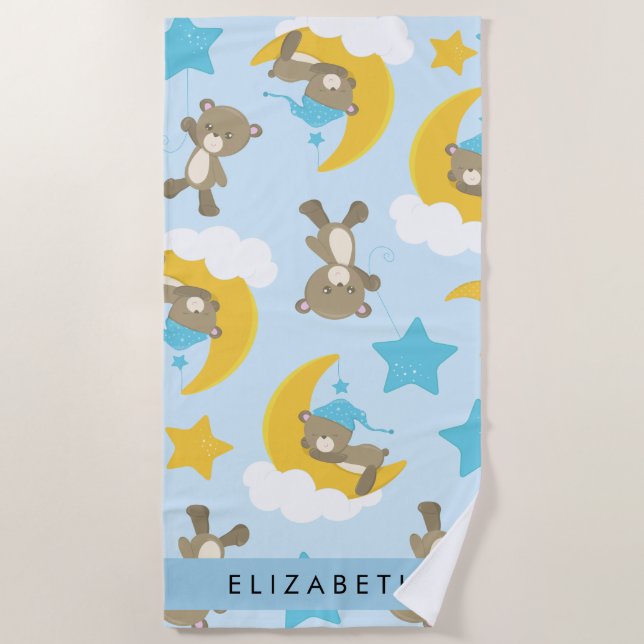 Pattern Of Bears, Teddy Bears, Stars, Your Name Beach Towel (Front)