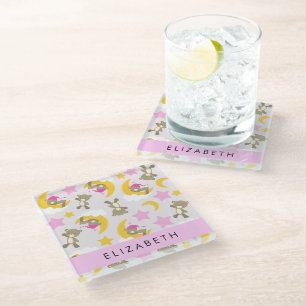 Pattern Of Bears, Teddy Bears, Stars, Your Name Glass Coaster