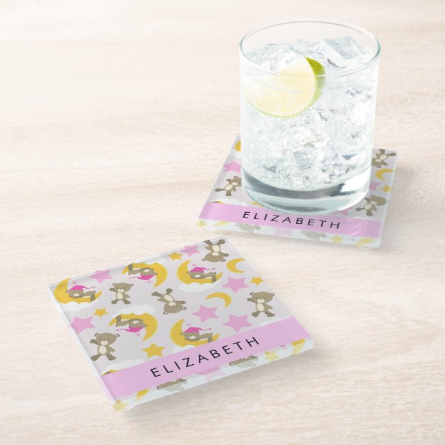 Pattern Of Bears, Teddy Bears, Stars, Your Name Glass Coaster (Angled)