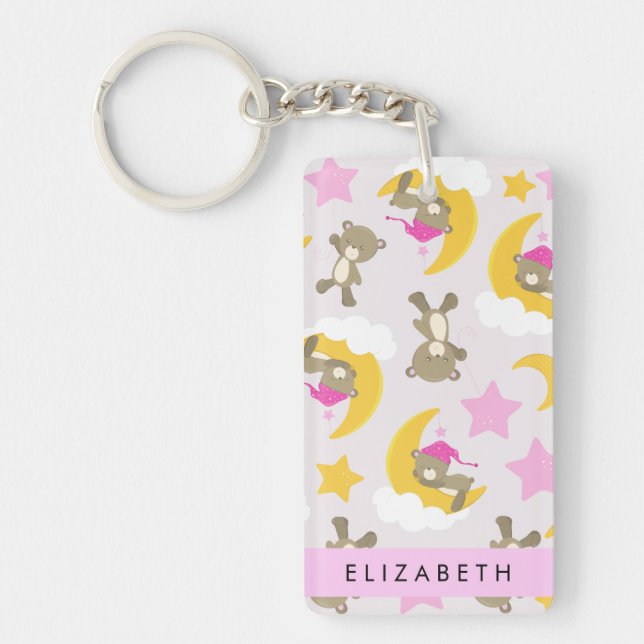 Pattern Of Bears, Teddy Bears, Stars, Your Name Keychain (Front)
