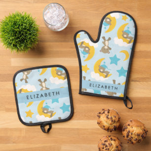 Pattern Of Bears, Teddy Bears, Stars, Your Name Oven Mitt & Pot Holder Set
