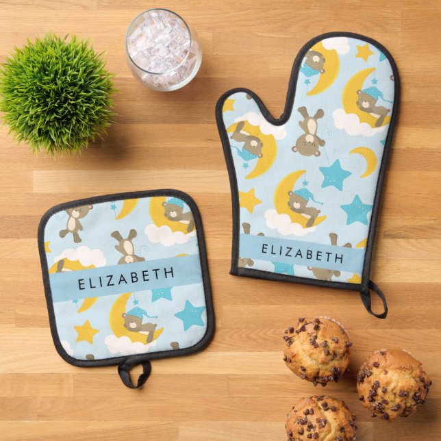 Pattern Of Bears, Teddy Bears, Stars, Your Name Oven Mitt & Pot Holder Set (Top Down)