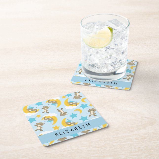 Pattern Of Bears, Teddy Bears, Stars, Your Name Square Paper Coaster (Insitu)