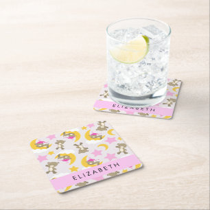 Pattern Of Bears, Teddy Bears, Stars, Your Name Square Paper Coaster