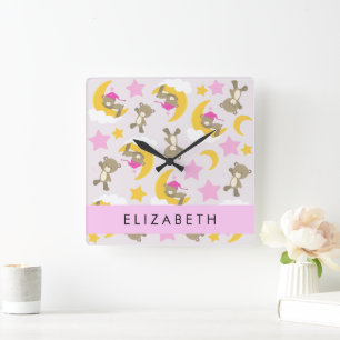 Pattern Of Bears, Teddy Bears, Stars, Your Name Square Wall Clock