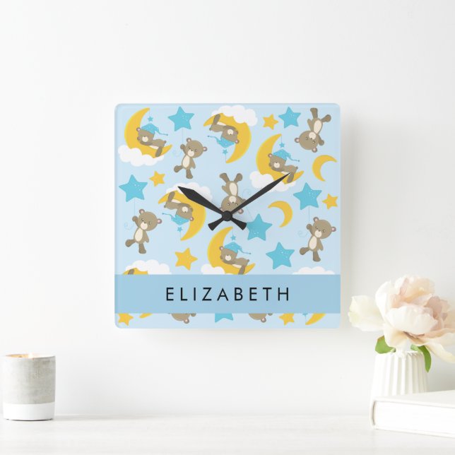 Pattern Of Bears, Teddy Bears, Stars, Your Name Square Wall Clock (Home)