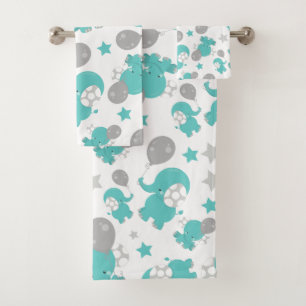 Pattern Of Blue Elephants, Cute Elephants, Stars Bath Towel Set