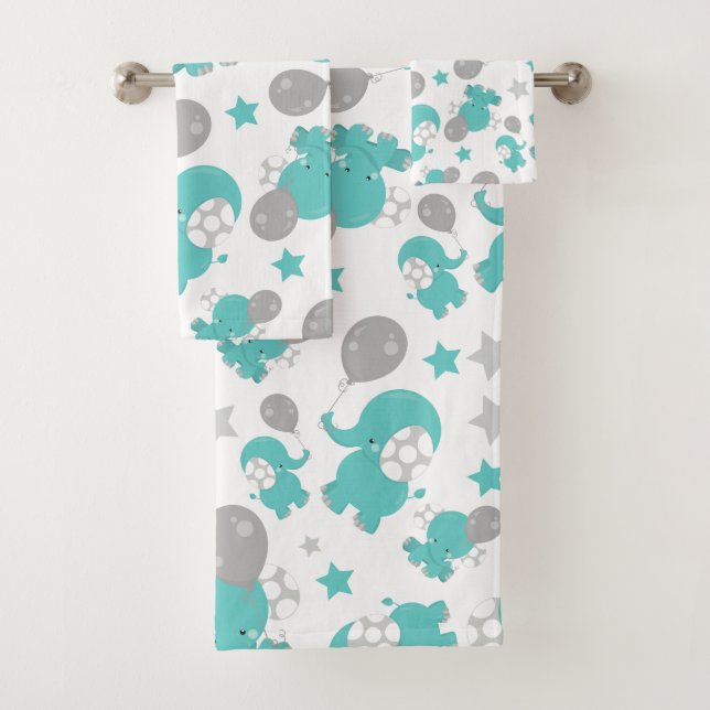 Pattern Of Blue Elephants, Cute Elephants, Stars Bath Towel Set (Insitu)