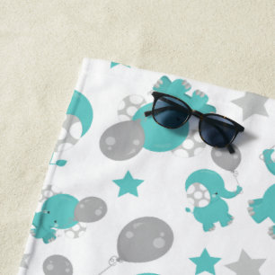 Pattern Of Blue Elephants, Cute Elephants, Stars Beach Towel