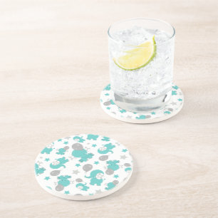 Pattern Of Blue Elephants, Cute Elephants, Stars Coaster
