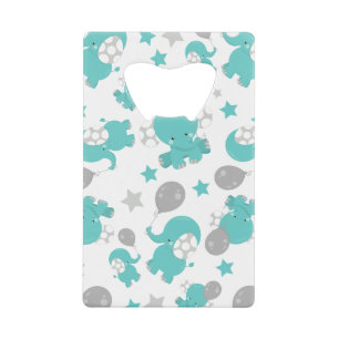 Pattern Of Blue Elephants, Cute Elephants, Stars Credit Card Bottle Opener