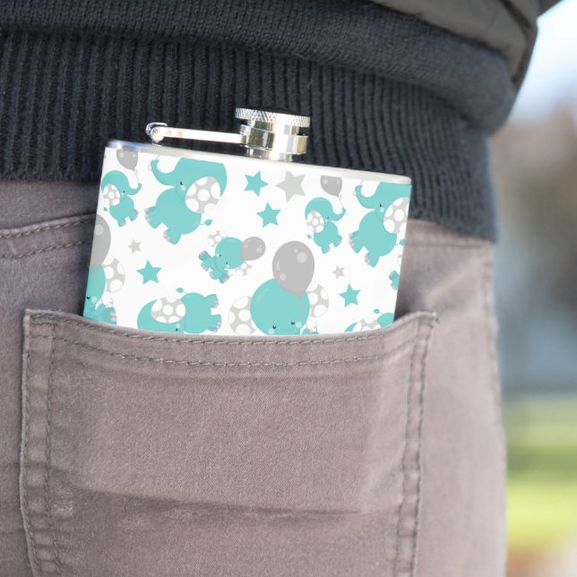 Pattern Of Blue Elephants, Cute Elephants, Stars Hip Flask (In Situ)