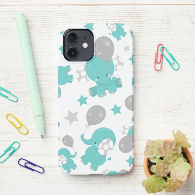 Pattern Of Blue Elephants, Cute Elephants, Stars iPhone Case (On Desk)