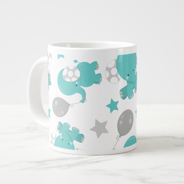 Pattern Of Blue Elephants, Cute Elephants, Stars Large Coffee Mug (Front Left)