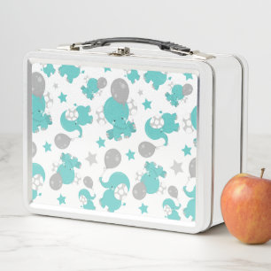 Pattern Of Blue Elephants, Cute Elephants, Stars Metal Lunch Box