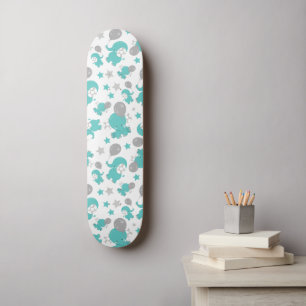 Pattern Of Blue Elephants, Cute Elephants, Stars Skateboard