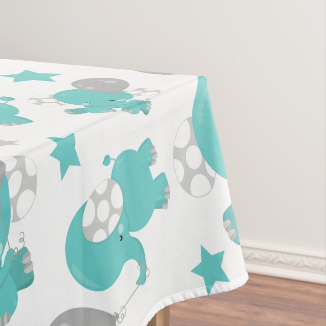 Pattern Of Blue Elephants, Cute Elephants, Stars Tablecloth (In Situ)