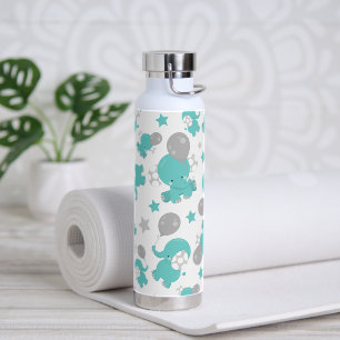Pattern Of Blue Elephants, Cute Elephants, Stars Water Bottle