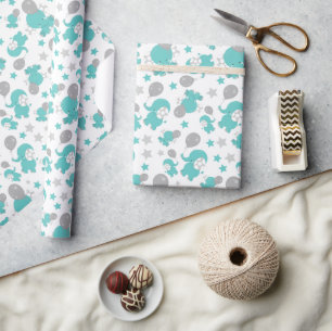 Pattern Of Blue Elephants, Cute Elephants, Stars Wrapping Paper
