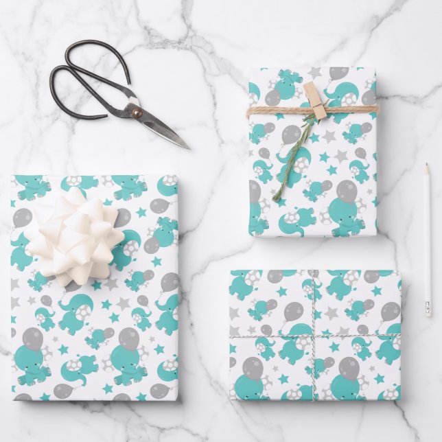 Pattern Of Blue Elephants, Cute Elephants, Stars Wrapping Paper Sheet (Front)