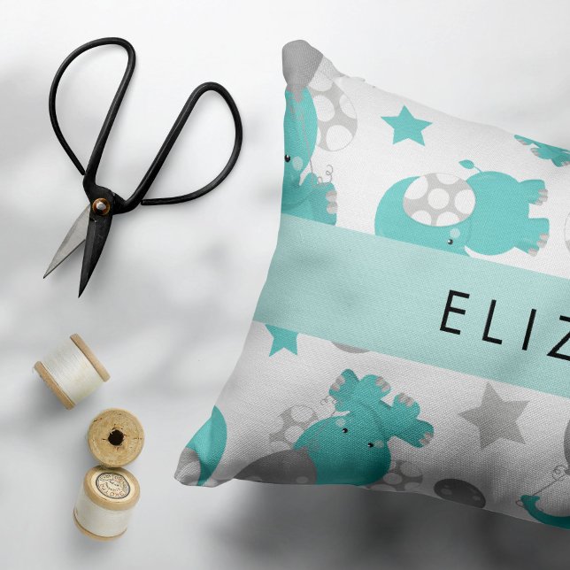 Pattern Of Blue Elephants, Stars, Your Name Accent Pillow (Creator Uploaded)