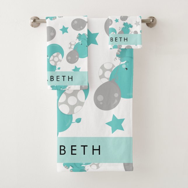Pattern Of Blue Elephants, Stars, Your Name Bath Towel Set (Insitu)