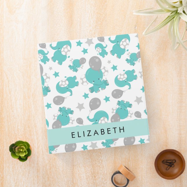 Pattern Of Blue Elephants, Stars, Your Name Binder (In Situ)
