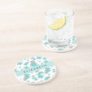 Pattern Of Blue Elephants, Stars, Your Name Coaster