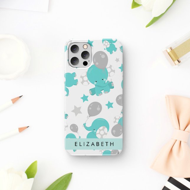Pattern Of Blue Elephants, Stars, Your Name iPhone 16 Case (Creator Uploaded)