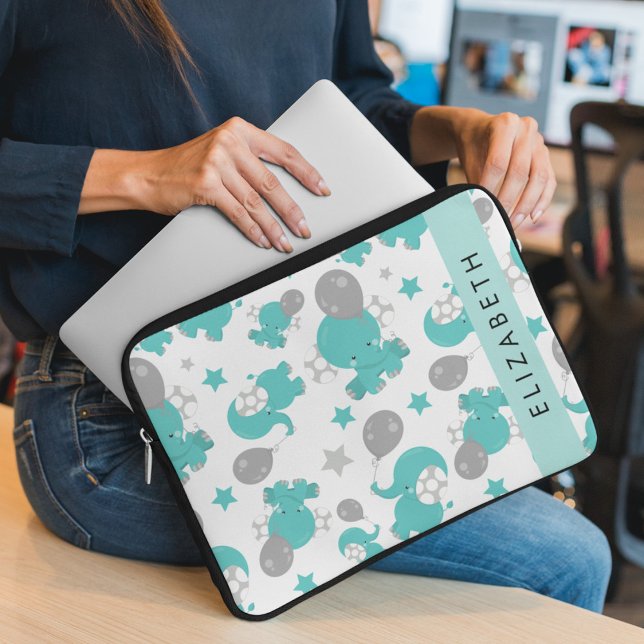 Pattern Of Blue Elephants, Stars, Your Name Laptop Sleeve (Creator Uploaded)