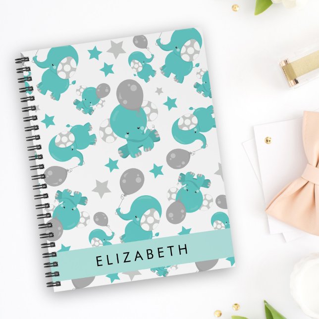 Pattern Of Blue Elephants, Stars, Your Name Notebook (Creator Uploaded)