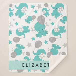 Pattern Of Blue Elephants, Stars, Your Name Sherpa Blanket