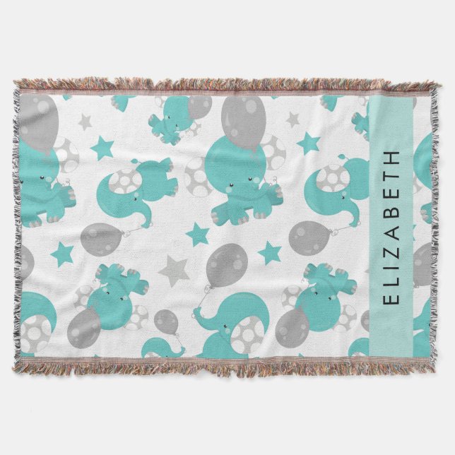 Pattern Of Blue Elephants, Stars, Your Name Throw Blanket (Front)