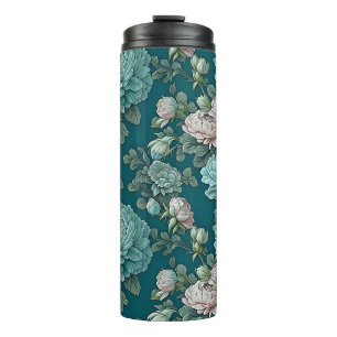 Pattern of Blue Peonies on a Green Background Thermal Tumbler