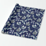 Pattern Of Blue Polar Foxes, Plants On Navy Blue Wrapping Paper<br><div class="desc">An elegant wrapping paper featuring stylish images of cute polar foxes of blue and white colours, flowers, plants, berries against the background of navy blue colour. Good to wrap up your Christmas, New Year, birthday, and other gifts. This design is customizable. You can change the image. You can transfer the...</div>