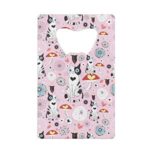 pattern of cats and flowers credit card bottle opener