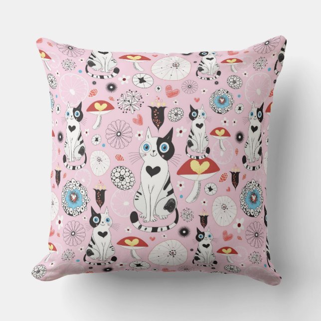 pattern of cats and flowers throw pillow (Front)