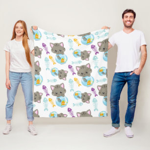 Pattern Of Cats, Cute Cats, Kittens, Fish Fleece Blanket