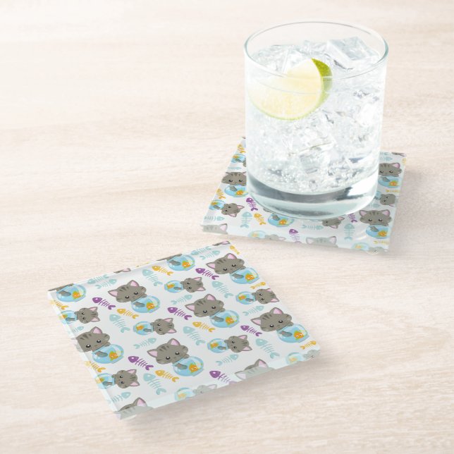 Pattern Of Cats, Cute Cats, Kittens, Fish Glass Coaster (Angled)