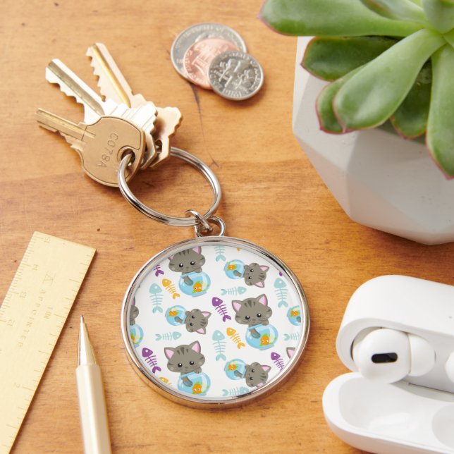Pattern Of Cats, Cute Cats, Kittens, Fish Keychain (Desk)